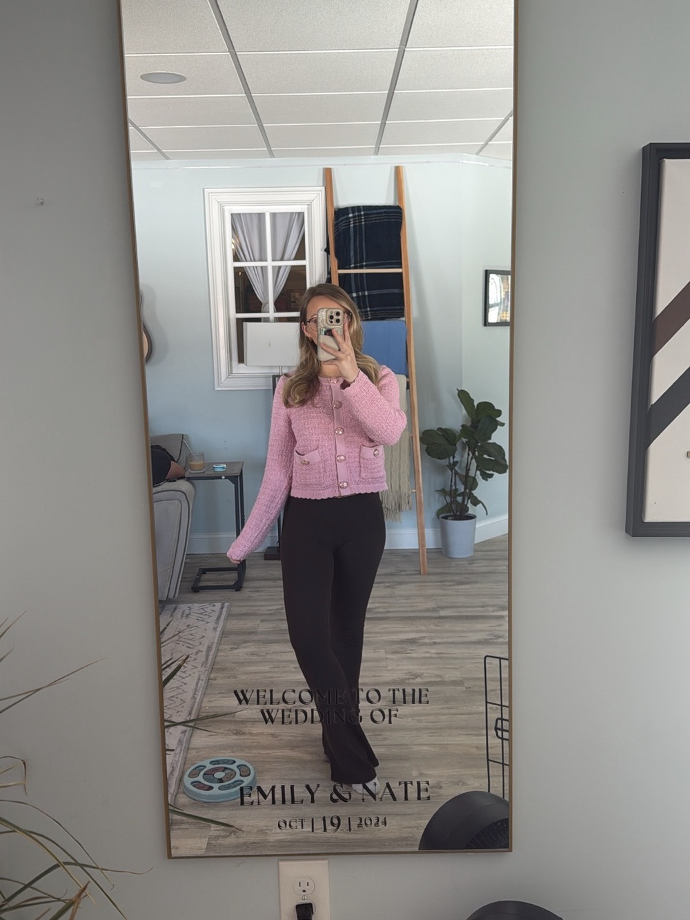 Jessica Simpson Pink Knit Cropped Button Cardigan with Black Wide-Leg Pants